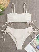 Bikini negro liso para mujer, traje de baño de dos piezas con Tanga de cintura alta y ribetes, 2024 - details 8