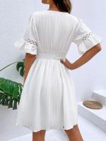 Vestido Blanco Puro de Verano Cintura de Encaje con Parche de Moda Cuello en V Manga Corta - details 20