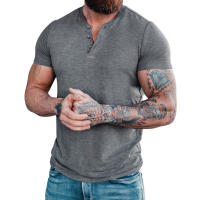 Camiseta de manga corta Henley para hombre, camisa informal de algodón, gris oscuro, M-6XL - details 1