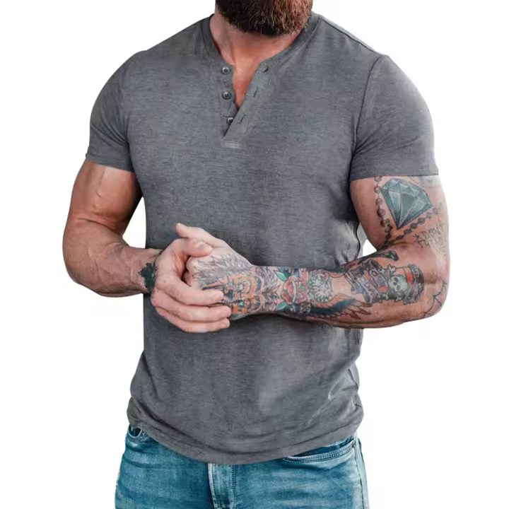 Camiseta de manga corta Henley para hombre, camisa informal de algodón, gris oscuro, M-6XL - 1