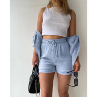 Conjunto de dos piezas para mujer, camisa de manga larga con cuello vuelto de tela arrugada, pantalones cortos con cordón de cintura alta, moda informal de talla grande - details 46
