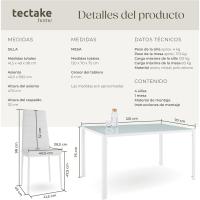 conjunto mesa y sillas de comedor, mesa con tablero de cristal de seguridad y 4 sillas de cocina tapizadas en cuero sintético, estructura de acero, sillas de comedor, conjunto de muebles de cocina - Blanco - details 5