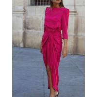 BUNO-Vestido Irregular elegante con cordones para mujer, vestido sencillo de cintura alta con temperamento liso, vestido plisado de media manga con cuello redondo OL，Vestido de noche para mujer, rojo, con mangas tres cuartos, elegante. - details 4