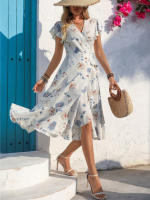 Vestido estampado con cuello en v de verano 2025, nueva falda de manga corta con borde de volantes europea y americana - details 2