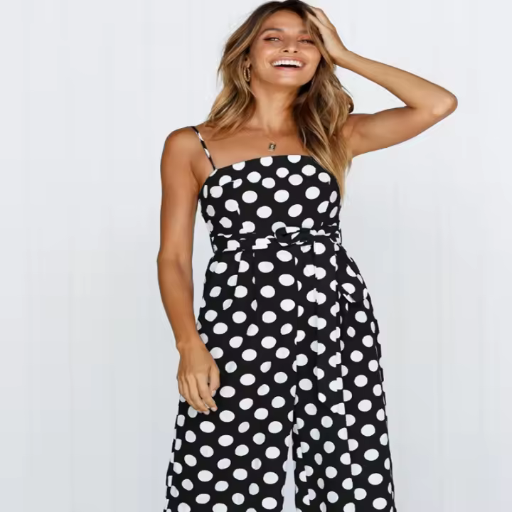Europa Y Los Estados Unidos Mono con estampado de lunares vestido bohemio informal con cuello Halter y espalda descubierta pantalones informales tipo tubo ancho - 1