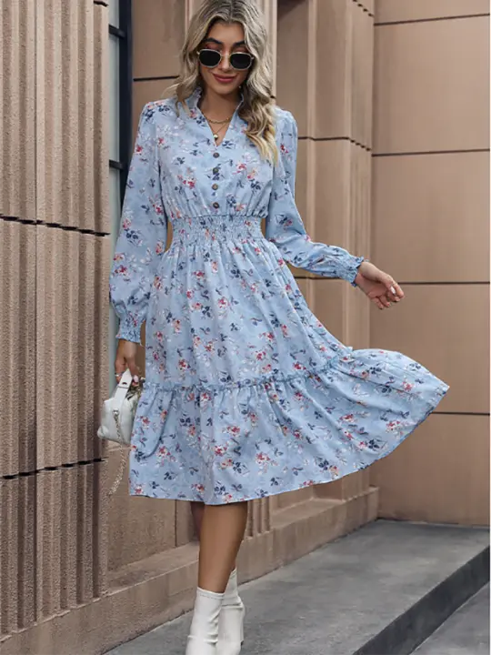 Vestido de manga larga de primavera para mujer, estampado elegante, cuello en V, informal, línea A, hasta la rodilla, cintura alta - 1