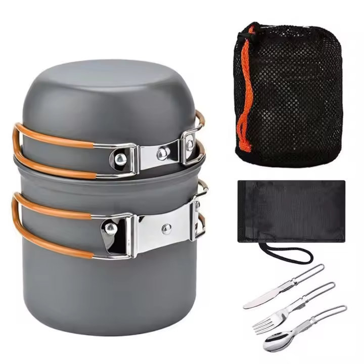 Hervidor de agua, olla, sartén, juego de cocina, utensilios de cocina ligeros antiadherentes, vajilla de Picnic ultraligera portátil, suministros para acampar y senderismo - 1