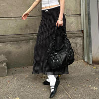 BUNO-Falda larga con estampado de lunares para mujer, traje elegante de cintura baja, malla de retazos, detalle de lazo, ropa de calle - details 3
