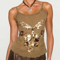 Camiseta sin mangas con purpurina brillante para mujer Y2k, Tops cortos con cuentas de lentejuelas de hadas, camisola sin mangas de varias capas, chaleco de verano, ropa de calle - details 7