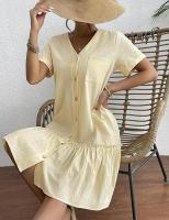 Vestido largo de algodón y lino para mujer, vestido de verano informal vintage con botones y cuello en V de manga corta suelta - details 1