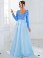Elegante Vestido de Terciopelo con Lentejuelas Cuello en V, Manga Larga, Red de Cetín, Azul Cielo y Rosa, Perfecto para Fiestas - details 2