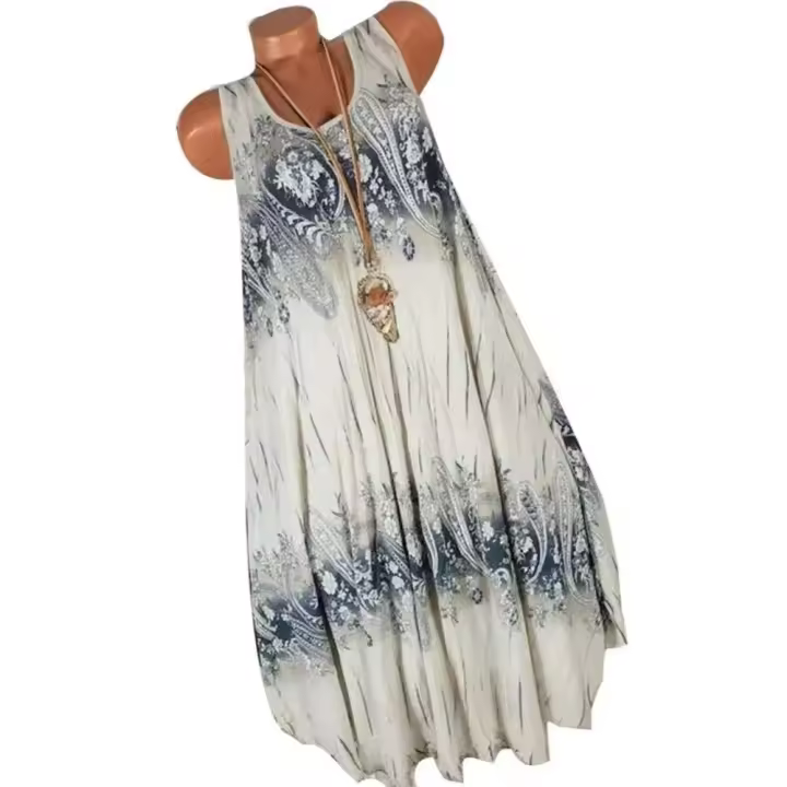 Vestido sin mangas holgado de verano para mujer, sin mangas, con cuello redondo y encaje estampado ral elegante - 1