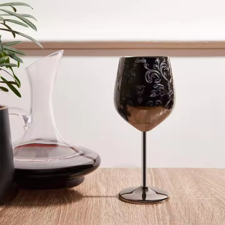 Juego de 2 copas de vino de acero inoxidable grabadas con grabados barrocos intrincados y auténticos, estilo real, 480ml negro. - 1