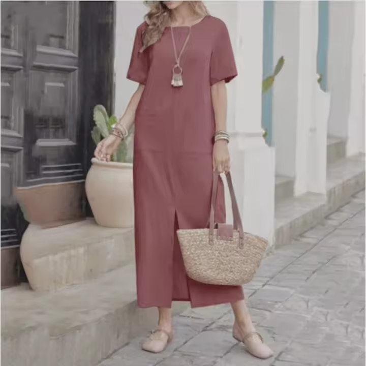 Novedad de verano holgada, vestido de manga corta con algodón puro y/o novedad de cuello redondo de color sólido, - 1