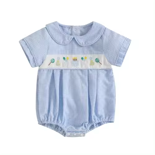 Peleles para bebés recién nacidos, niños y niñas, mono de manga corta con cuello de muñeca, mono ahumado con bordado de pastel - 1