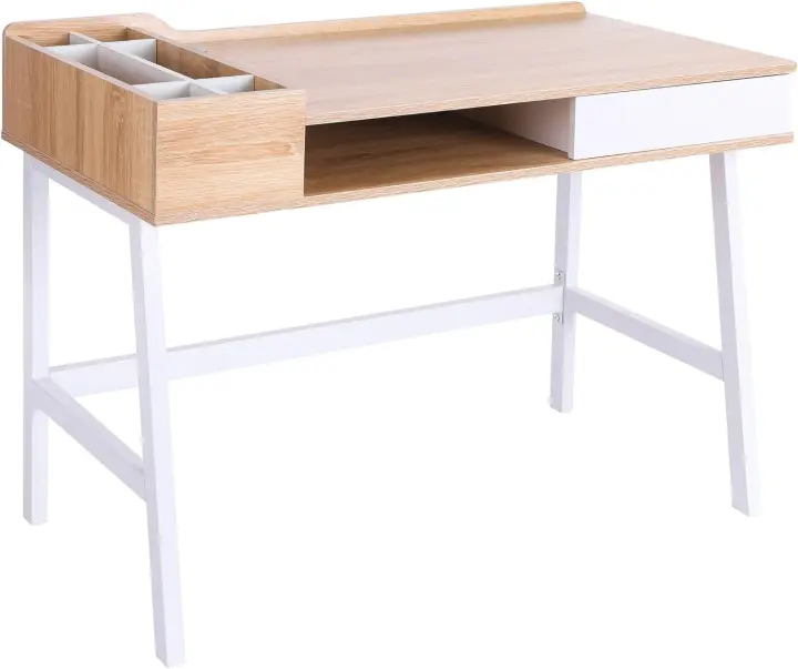 Mesa de Ordenador PC 137x55x92 cm Escritorio con Estantería de 3 Estantes 2 Cajones y Soporte para Impresora para Oficina Estudio Despacho Blanco y Roble - 1