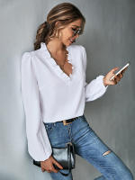 Blusa elegante con volantes y cuello en V para mujer, blusa holgada de manga abullonada de Color sólido, temperamento para ir al trabajo, 2024 - details 6