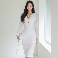BGTEEVER-vestido ajustado con cuello en V para mujer, prenda elegante de manga larga con cintura ajustada, color liso, para otoño - details 16