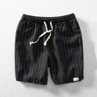 Pantalones cortos de lino para hombres Rayados de verano, transpirables, ajuste suelto y apretado con cordones Ideales para la playa - details 2