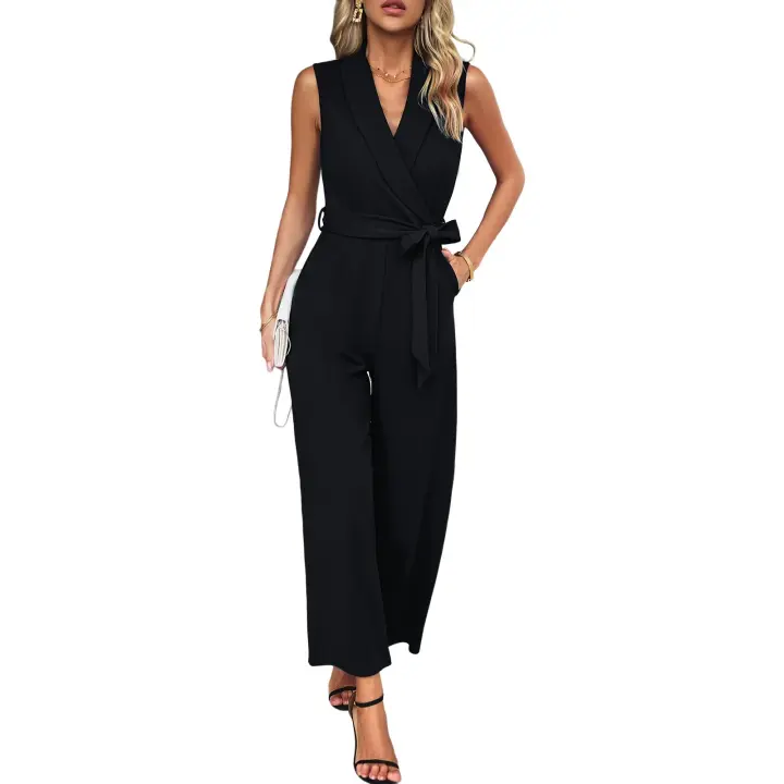 Monos sin mangas de verano para mujer, cuello en V, cintura alta, vestido con lazo y pantalones, rojo burdeos S - 1