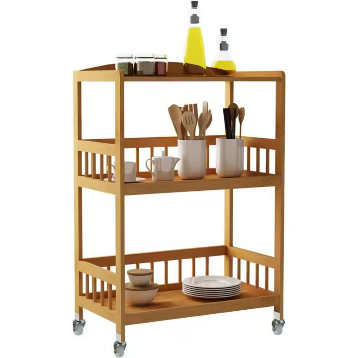 Carro de almacenamiento de alimentos, trolley de 3 niveles/madera natural/puede almacenar utensilios de cocina - 1