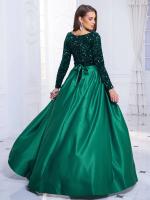 Vestido de Fiesta de Manga Larga y Brillante Cuello Redondo, Lentejuelas Elásticas, Alto hasta el Suelo Pañuelo de Moda para Mujeres con Negro y Verde Desmontable - details 4