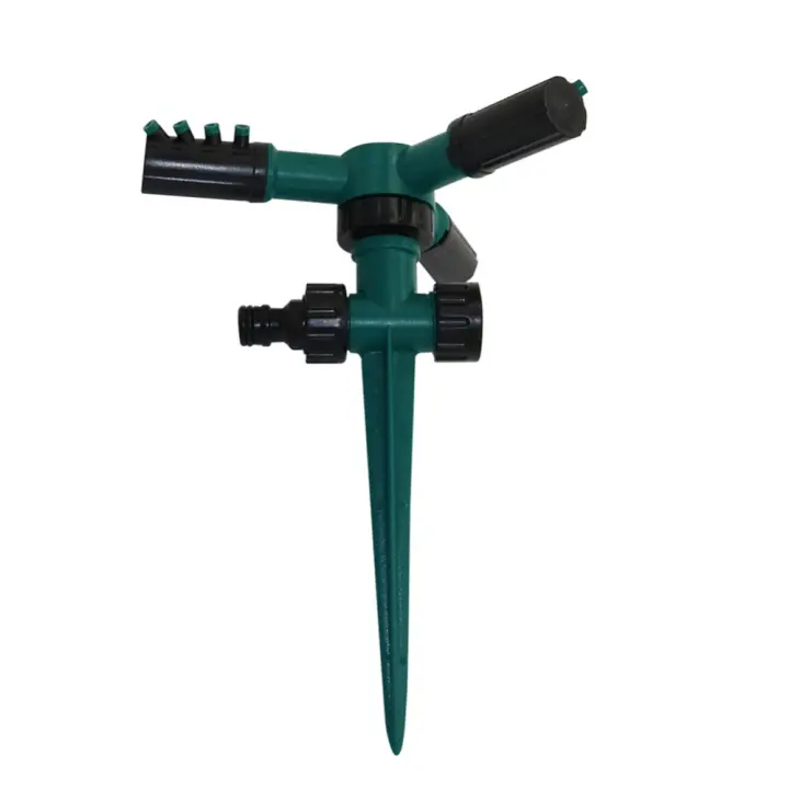 Aspersor giratorio de 3 cabezales y 360 ángulos con varilla de soporte, sistema de riego automático para césped y jardín, 1 unidad - 1