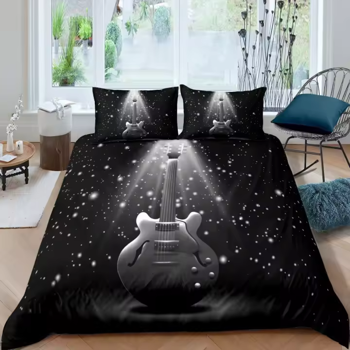Juego de Funda de Edredón de Guitarra Vintage Grey Tema de Música para Adolescentes - 1