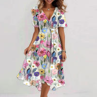 Vestido largo hasta la rodilla estampado elegante y a la moda para mujer, novedad de 2025, vestido holgado informal con cuello en V, nuevo estampado Floral, bata para mujer - details 5