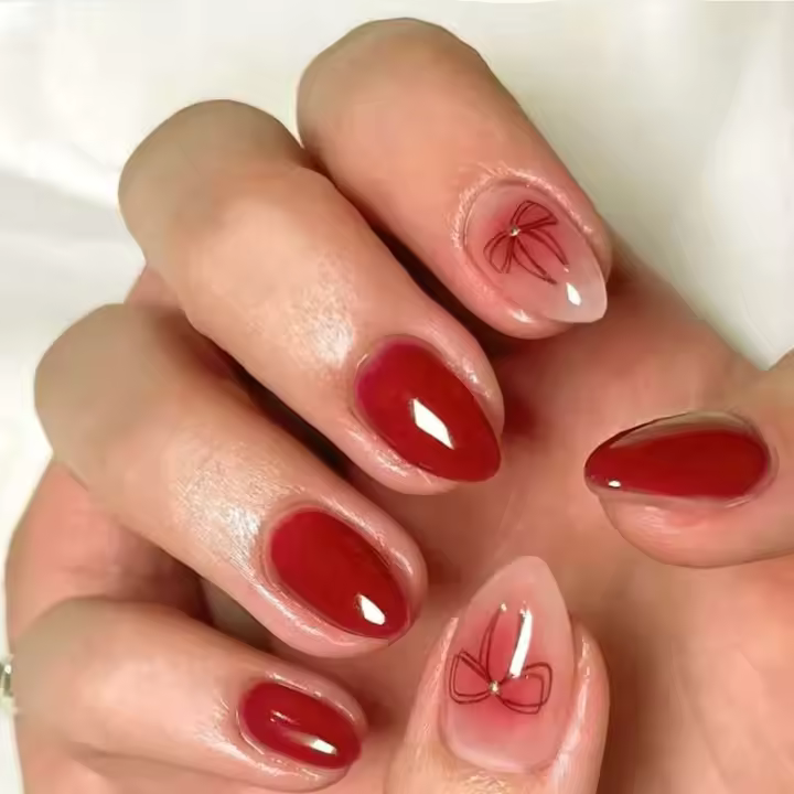 24 piezas de pegamento artificial rojo, diseño simple de almendra, uñas postizas de ballet con pegamento - 1