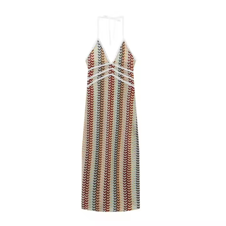 TRAFZA-vestido Midi ajustado con cuello en V para mujer, traje elegante de encaje con patrón de ganchillo, a la moda y Sexy, Verano - 1