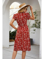 Elegante vestido de fiesta en la playa Serie A de manga corta, cuello en V bohemio, estampado floral de verano adecuado para mujeres - details 12