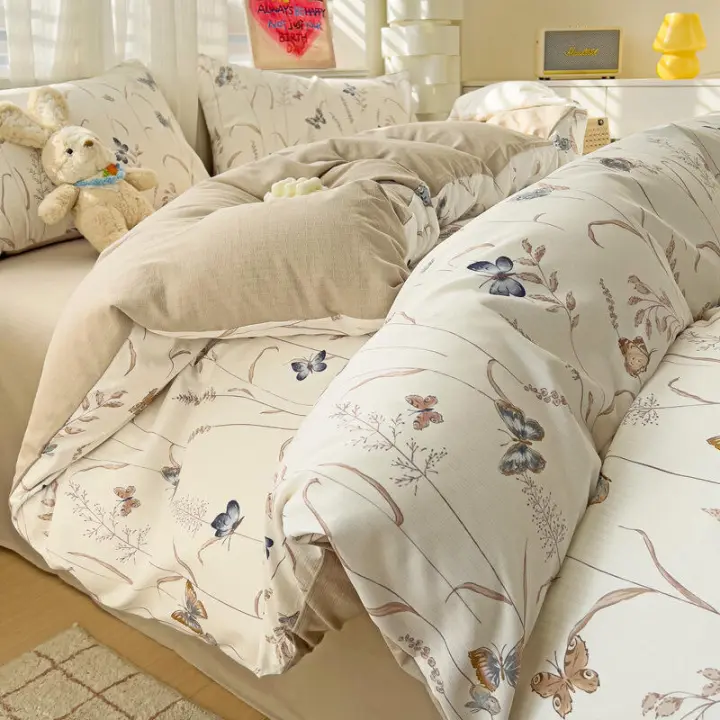 Juego de cama: Sábana ajustable de algodón lavado puro de cuatro piezas, funda de edredón, juego de tres piezas de cama individual para dormitorio de estudiantes: Sábana, funda - 1