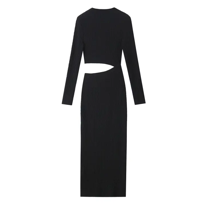 TRAFZA 2024 Mujer primavera sólido cuello redondo manga larga elasticidad vestido ajustado Mujer textura Crop Hollow Midi vestidos Mujer - 1