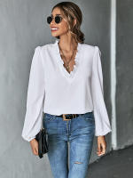 Blusa elegante con volantes y cuello en V para mujer, blusa holgada de manga abullonada de Color sólido, temperamento para ir al trabajo, 2024 - details 1