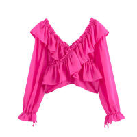 OUWU- Camisa elegante de gasa rosa fuerte para mujer 2025, blusas cortas elásticas con cuello en V y dobladillo con volantes en cascada - details 1