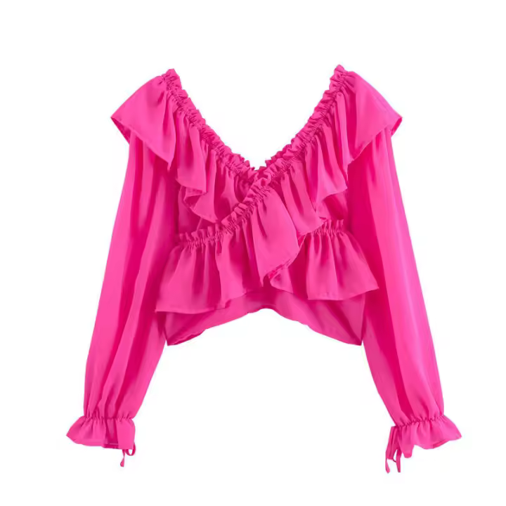 OUWU- Camisa elegante de gasa rosa fuerte para mujer 2025, blusas cortas elásticas con cuello en V y dobladillo con volantes en cascada - 1