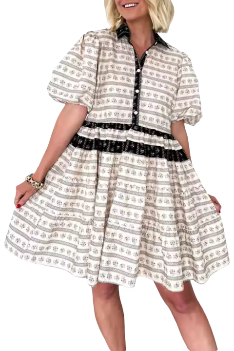 Elrachen Vestido acampanado con manga de burbuja y ribete en contraste a rayas florales bohemias para mujer, negro, tallas S-XL - 1