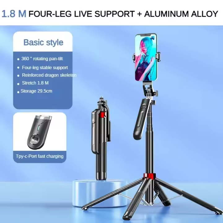 Palo de Foto Personalizable 1.8M Soporte de Cuadrupeda para Teléfono Inteligente con Luz de Relleno - 1