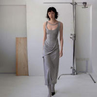 BUNO-Vestido grande de algodón puro con cuello en U para mujer, prenda informal y cómoda, con cintura irregular y falda larga adelgazante, color gris - details 2