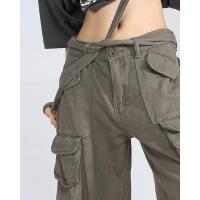 Pantalones vaqueros Cargo Vintage grises de cintura alta para mujer, pantalón vaquero de pierna ancha, diseño elegante de calle, holgado, 2023 - details 3