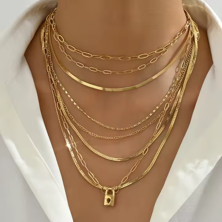 Collar de Varias Capas Personalizado para Mujeres Diseño de Candado de Moda - 1
