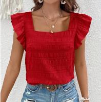 Camiseta plisada de talla grande para mujer, chaleco de manga voladora, blusa con cuello Barco, holgada, informal, Otoño, verano, 42, 44, 46 - details 4