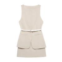 TRAFZA, minivestido de verano para mujer, liso, cuello redondo, sin mangas, bolsillos, cinturón decorativo, cremallera, nuevos vestidos de moda para mujer - details 1