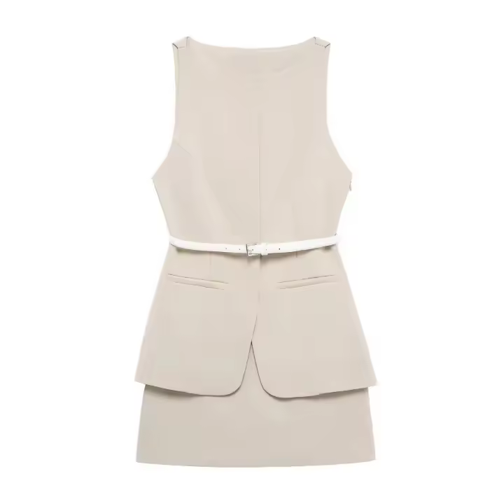 TRAFZA, minivestido de verano para mujer, liso, cuello redondo, sin mangas, bolsillos, cinturón decorativo, cremallera, nuevos vestidos de moda para mujer - 1