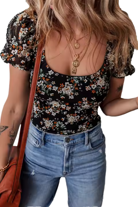 Elrachen Body de manga corta abullonada con cuello en U y estampado floral para mujer, negro, tallas S-XL - 1