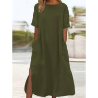 Vestido largo de talla grande para mujeres europeas americanas, informal, sencillo, suelto, atmosférico de algodón y lino - details 3