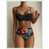 Conjunto de bikini bandeau liso, estampado tropical sexy, traje de baño mejorado para mujer, traje de baño de cintura alta con encaje en la espalda, ropa de playa - details 7