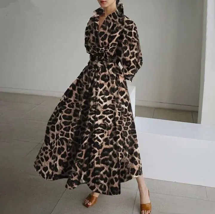 Vestido de Moda de Cintura Alta con Estampado de Leopardo Manga Larga, Bolso de Solapa, Vestidos para Mujeres - 1
