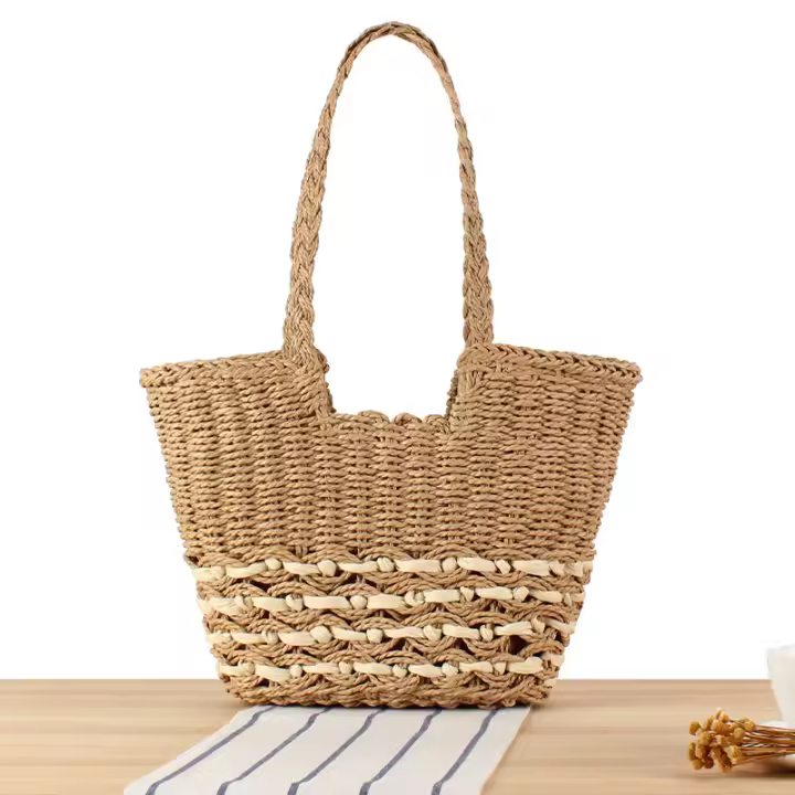 Cuerda de papel hueca con bolsa de hombro individual cóncava de gran capacidad, bolsa tejida de paja para fotos de vacaciones en la playa - 1